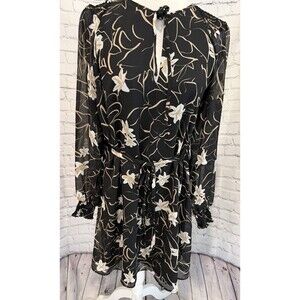 Elizabeth And James Dress Womens Black Beige Floral Chiffon Long Sleeve Shift L